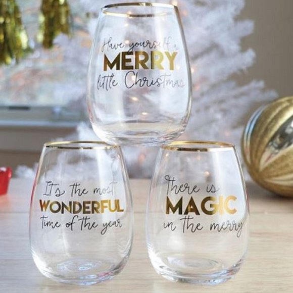 Set of 3 Christmas Stemless Wine Glasses with Holiday Sayings & Gold Accents - Picture 2 of 2